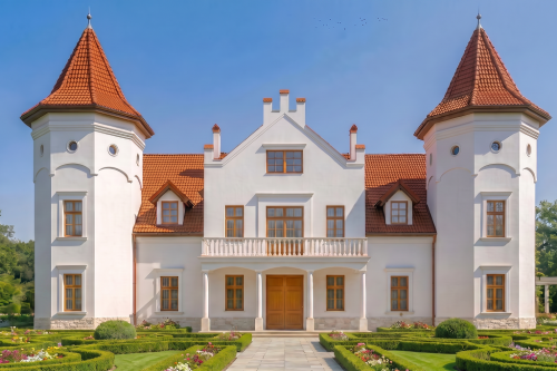 Projekt domu Sokołowiec tech. RW-03 tech., piętrowy z poddaszem użytkowym, z garażem czterostanowiskowym, częściowo podpiwniczony - wizualizacja elewacji frontowej