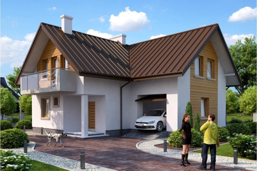 Projekt domu Rzezawa 2 L-6374, parterowy z poddaszem mieszkalnym, bez podpiwniczenia, z garażem - kolorystyka wersja 1