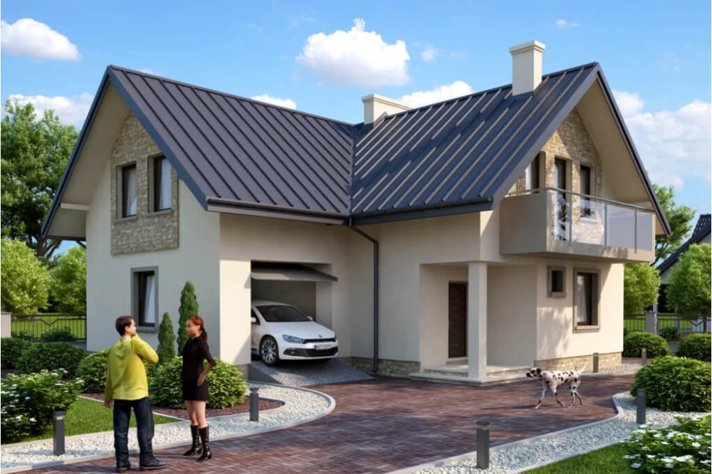 Projekt domu Rzezawa tech. DM-6374 tech., parterowy z poddaszem mieszkalnym, bez podpiwniczenia, z garażem - kolorystyka wersja 3