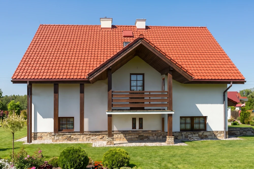 Projekt domu Wolanów tech. DM-6175 tech., parterowy z poddaszem mieszkalnym, podpiwniczony z garażem, z wydzieloną częścią gospodarczą - wizualizacja elewacji ogrodowej