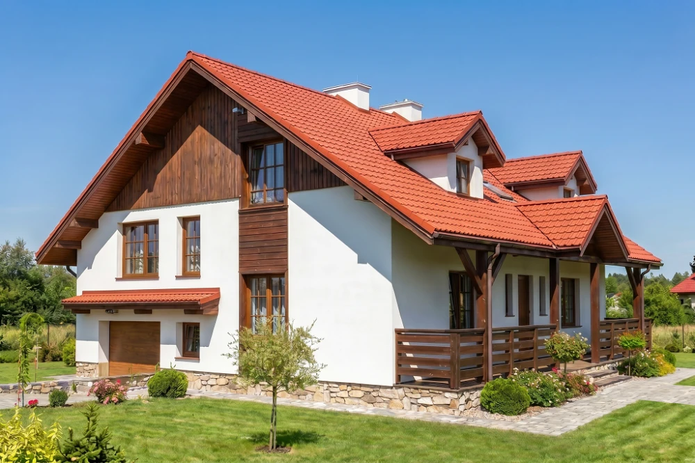 Projekt domu Wolanów tech. DM-6175 tech., parterowy z poddaszem mieszkalnym, podpiwniczony z garażem, z wydzieloną częścią gospodarczą - wizualizacja elewacji lewej