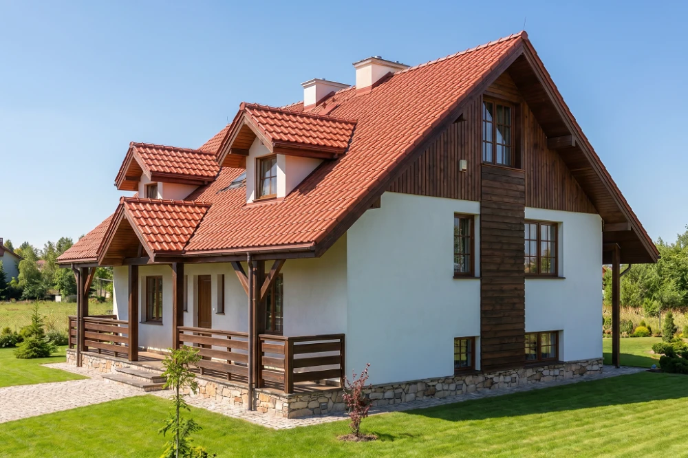 Projekt domu Wolanów tech. DM-6175 tech., parterowy z poddaszem mieszkalnym, podpiwniczony z garażem, z wydzieloną częścią gospodarczą - wizualizacja elewacji prawej