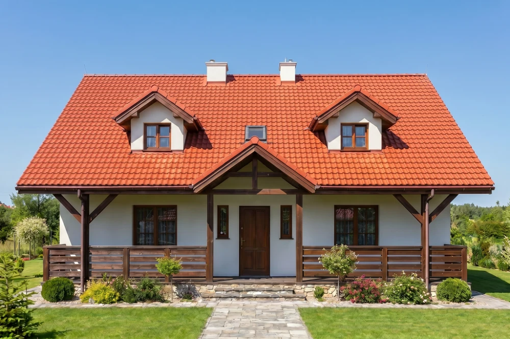 Projekt domu Stryjewo L-6175, parterowy z poddaszem mieszkalnym, podpiwniczony z garażem, z wydzieloną częścią gospodarczą - wizualizacja elewacji frontowej
