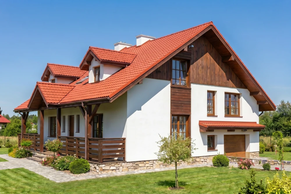 Projekt domu Stryjewo L-6175, parterowy z poddaszem mieszkalnym, podpiwniczony z garażem, z wydzieloną częścią gospodarczą - wizualizacja elewacji prawej
