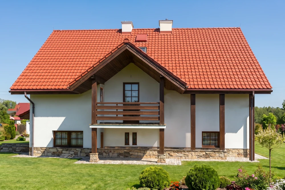 Projekt domu Stryjewo L-6175, parterowy z poddaszem mieszkalnym, podpiwniczony z garażem, z wydzieloną częścią gospodarczą - wizualizacja elewacji ogrodowej