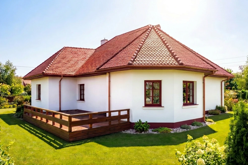 Projekt domu Alabastrów tech. DM-6449 tech., parterowy z antresolą, bez podpiwniczenia - wizualizacja elewacji ogrodowej
