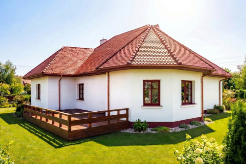 Projekt domu Alabastrów tech. DM-6449 tech., parterowy z antresolą, bez podpiwniczenia - wizualizacja elewacji ogrodowej