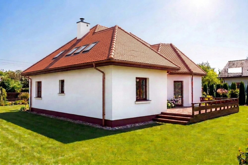 Projekt domu Alabastrów tech. DM-6449 tech., parterowy z antresolą, bez podpiwniczenia - wizualizacja elewacji prawej