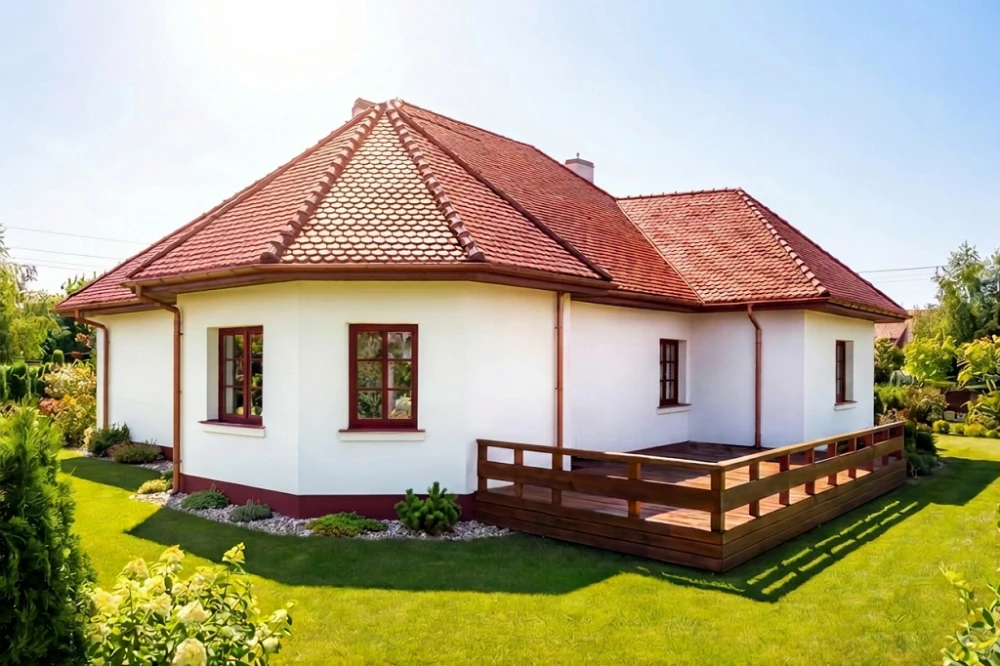 Projekt domu Alabastrów 2 tech. L-6449 tech., parterowy z antresolą, bez podpiwniczenia - wizualizacja elewacji ogrodowej