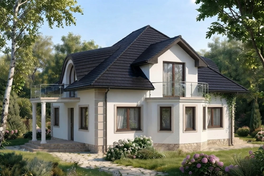 Projekt domu Kosacice tech. DM-6587 tech., dom parterowy, z poddaszem mieszkalnym, niepodpiwniczony - wizualizacja elewacji prawej