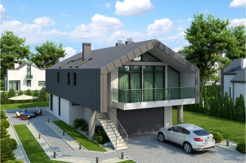 Projekt domu Strojnów tech. DM-6505 tech., parterowy z użytkowym poddaszem, z garażem dwustanowiskowym, bez podpiwniczenia - kolorystyka wersja 1