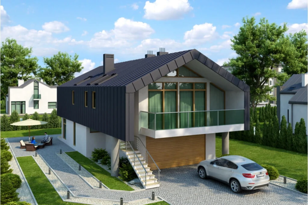 Projekt domu Strojnów tech. DM-6505 tech., parterowy z użytkowym poddaszem, z garażem dwustanowiskowym, bez podpiwniczenia - kolorystyka wersja 3
