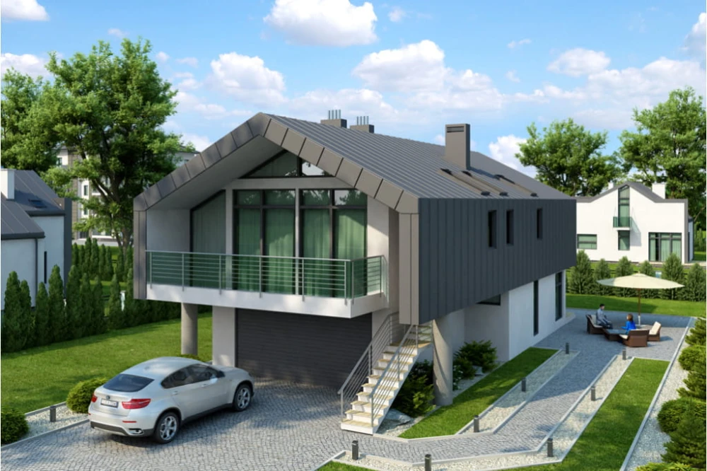 Projekt domu Strojnów 2 tech. L-6505 tech., parterowy z użytkowym poddaszem, z garażem dwustanowiskowym, bez podpiwniczenia - kolorystyka wersja 1