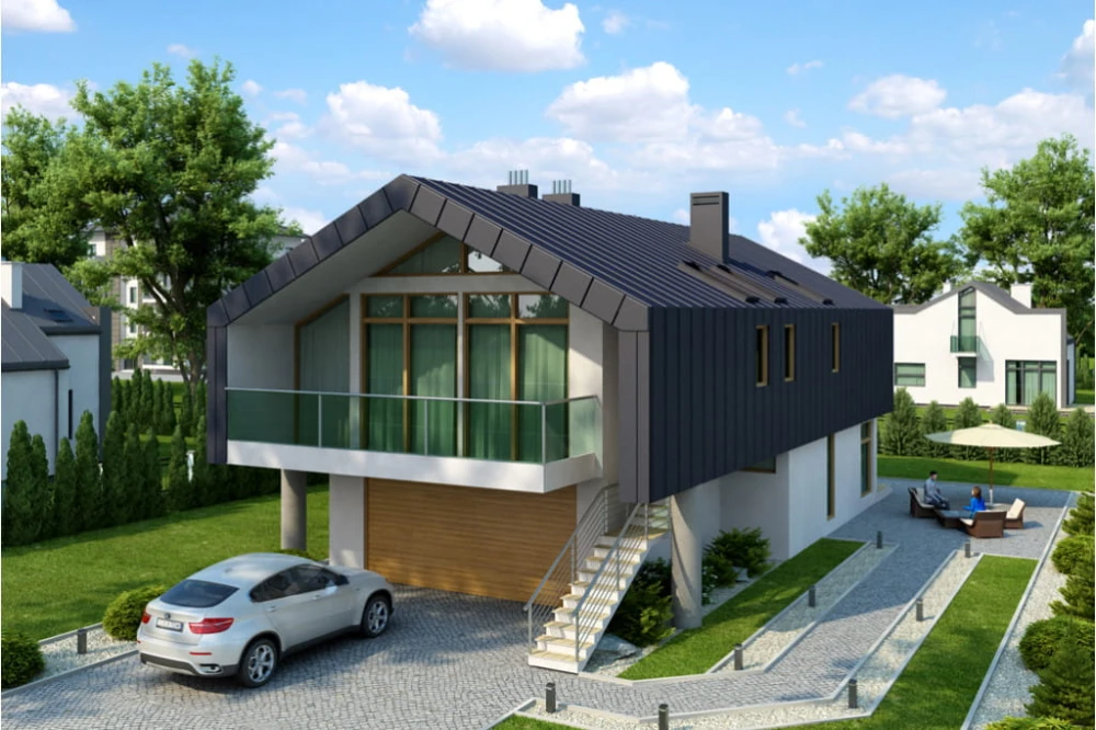 Projekt domu Strojnów 2 tech. L-6505 tech., parterowy z użytkowym poddaszem, z garażem dwustanowiskowym, bez podpiwniczenia - kolorystyka wersja 3