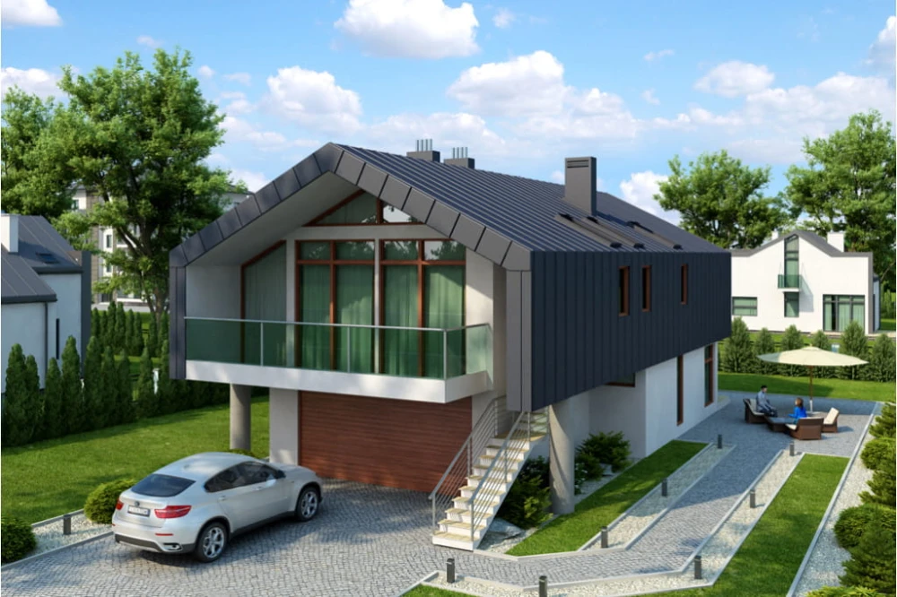 Projekt domu Strojnów 2 tech. L-6505 tech., parterowy z użytkowym poddaszem, z garażem dwustanowiskowym, bez podpiwniczenia - kolorystyka wersja 4