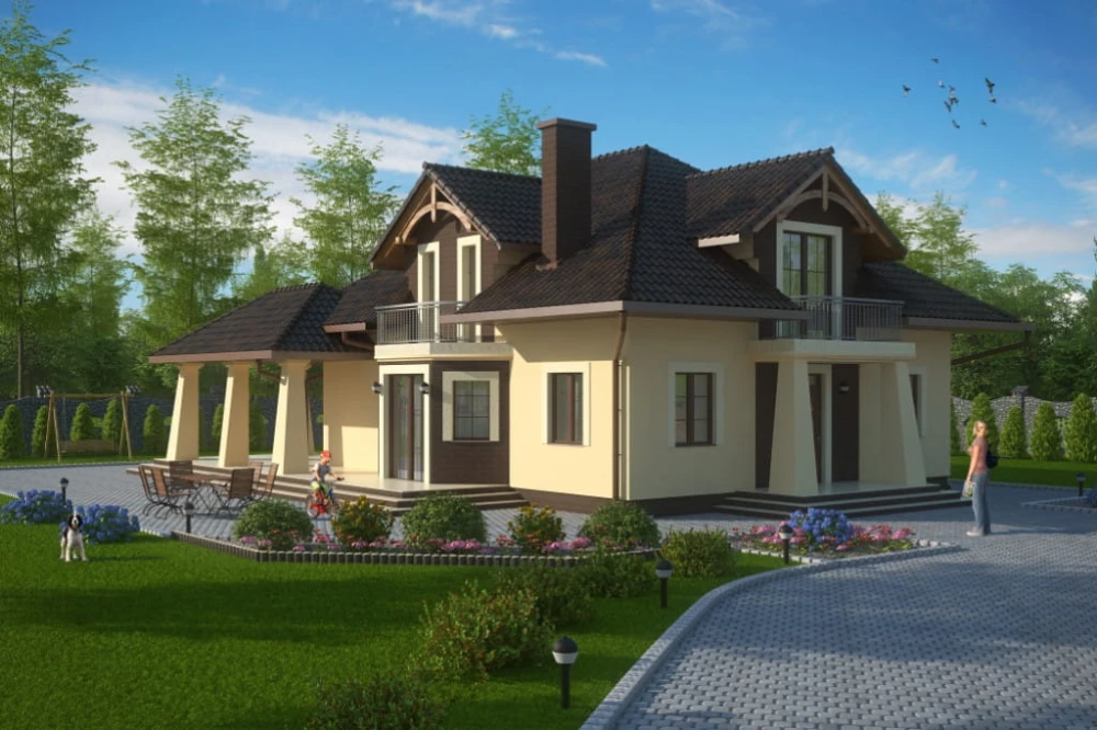 Projekt domu Babimost tech. DM-6495 tech., parterowy z poddaszem, bez garażu, niepodpiwniczony - kolorystyka wersja 1