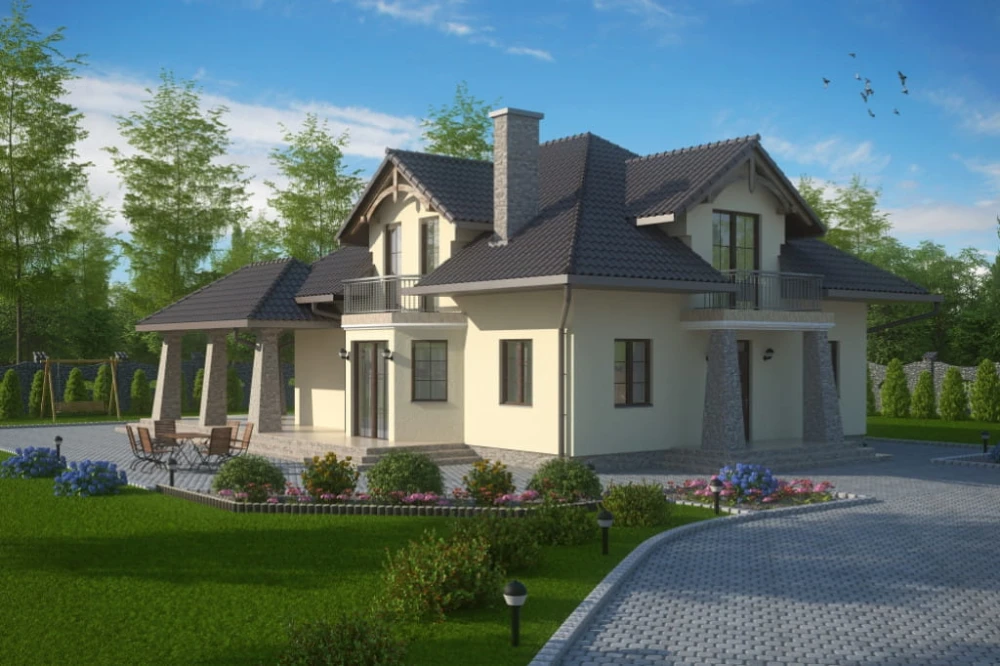 Projekt domu Babimost tech. DM-6495 tech., parterowy z poddaszem, bez garażu, niepodpiwniczony - kolorystyka wersja 3