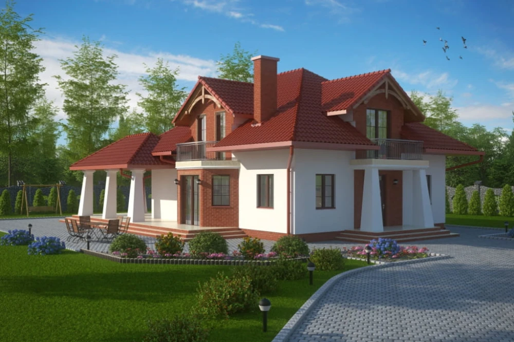Projekt domu Babimost tech. DM-6495 tech., parterowy z poddaszem, bez garażu, niepodpiwniczony - kolorystyka wersja 4