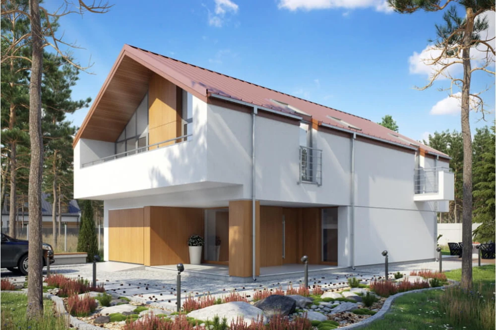 Projekt domu Wolin tech. DM-6508 tech., parterowy z użytkowym poddaszem, z garażem jednostanowiskowym, bez podpiwniczenia - kolorystyka wersja 4