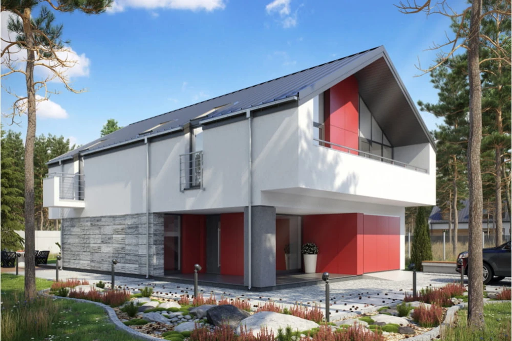 Projekt domu Wolin 2 tech. L-6508 tech., parterowy z użytkowym poddaszem, z garażem jednostanowiskowym, bez podpiwniczenia - kolorystyka wersja 1