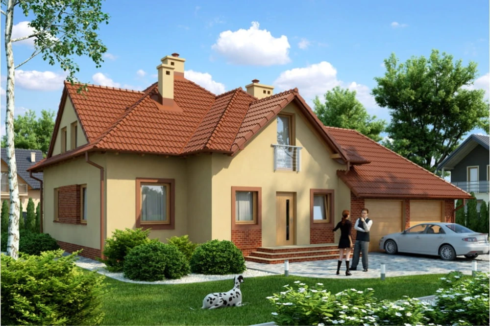 Projekt domu Dębowo 2 L-6377, parterowy z poddaszem mieszkalnym, bez podpiwniczenia, z garażem dwustanowiskowym - kolorystyka wersja 2