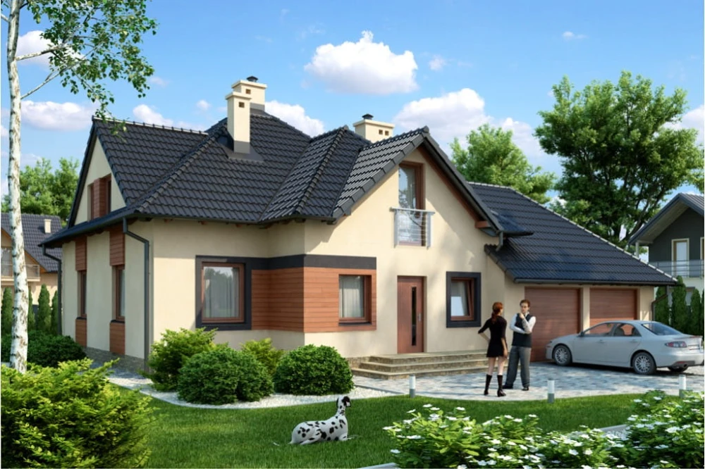 Projekt domu Dębowo 2 L-6377, parterowy z poddaszem mieszkalnym, bez podpiwniczenia, z garażem dwustanowiskowym - kolorystyka wersja 3