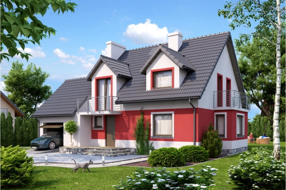 Projekt domu Dorohusk 2 L-6378, parterowy z garażem, z poddaszem mieszkalnym, częściowo podpiwniczony - kolorystyka wersja 2