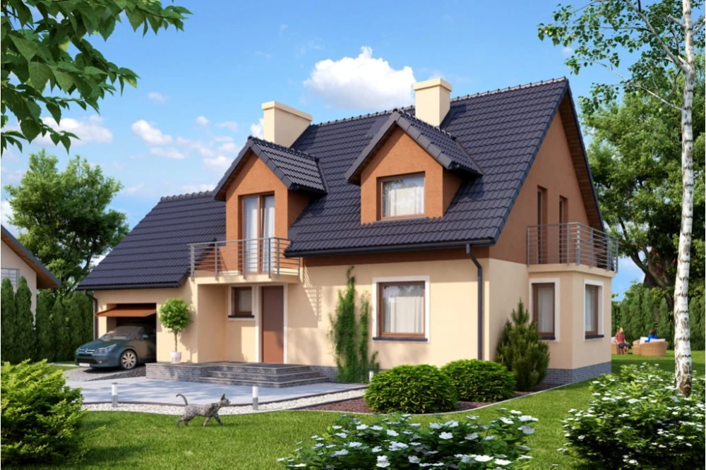 Projekt domu Dorohusk 2 L-6378, parterowy z garażem, z poddaszem mieszkalnym, częściowo podpiwniczony - kolorystyka wersja 4