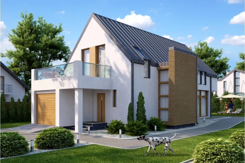 Projekt domu Proszyce tech. DM-6509 tech., parterowy z użytkowym poddaszem, z garażem jednostanowiskowym, bez podpiwniczenia - kolorystyka wersja 1