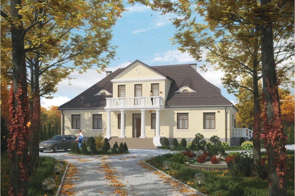 Projekt domu Lubawa tech. DM-6513 tech., parterowy z poddaszem użytkowym, jednorodzinny, dworkowy, z garażem jednostanowiskowym, bez podpiwniczenia - kolorystyka wersja 2