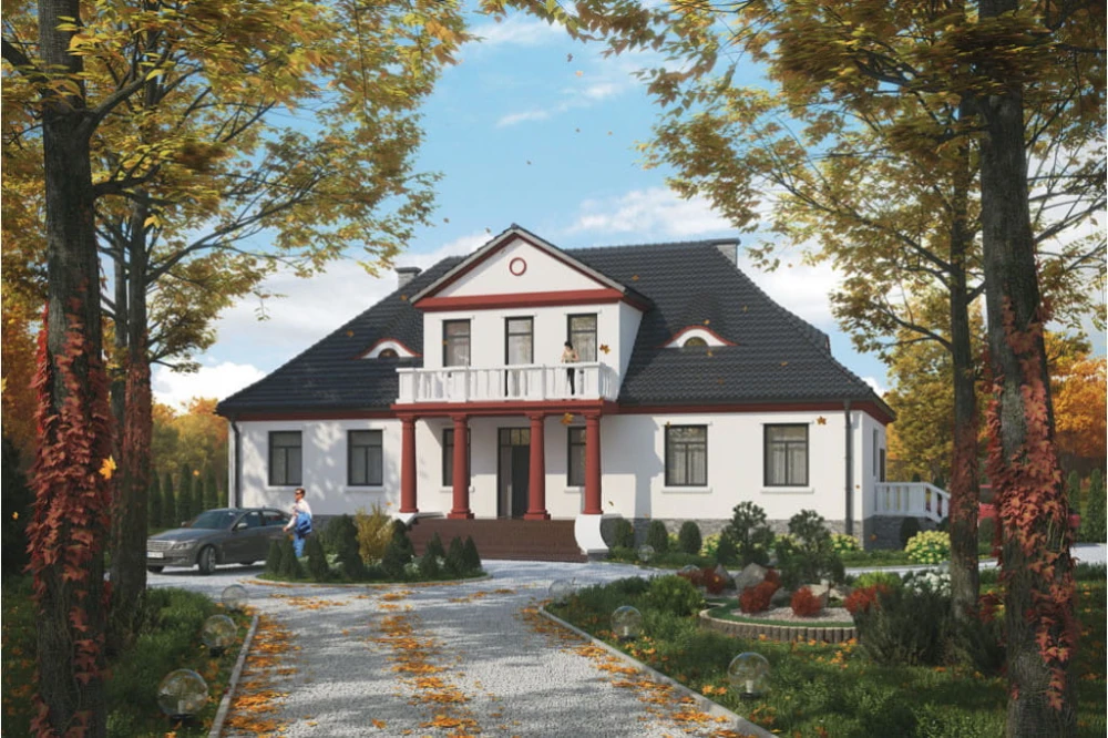 Projekt domu Lubawa tech. DM-6513 tech., parterowy z poddaszem użytkowym, jednorodzinny, dworkowy, z garażem jednostanowiskowym, bez podpiwniczenia - kolorystyka wersja 3