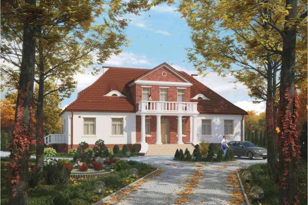 Projekt domu Lubawa 2 tech. L-6513 tech., parterowy z poddaszem użytkowym, jednorodzinny, dworkowy, z garażem jednostanowiskowym, bez podpiwniczenia - kolorystyka wersja 4