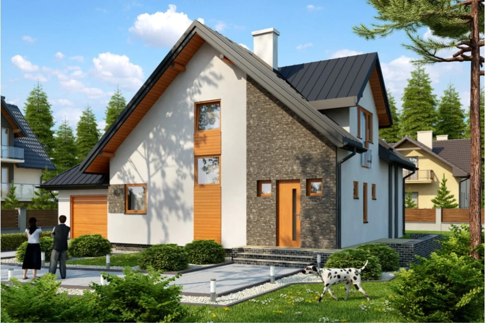 Projekt domu Siczyny 2 L-6381, parterowy z poddaszem mieszkalnym, bez podpiwniczenia, z garażem - kolorystyka wersja 1
