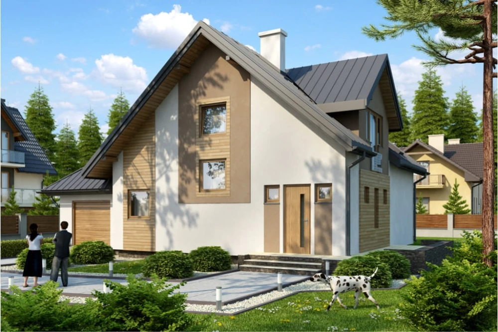 Projekt domu Siczyny 2 L-6381, parterowy z poddaszem mieszkalnym, bez podpiwniczenia, z garażem - kolorystyka wersja 4