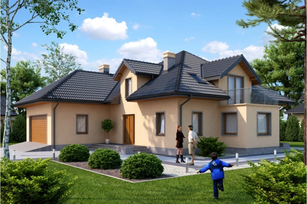 Projekt domu Piaski 2 L-6384, parterowy z garażem dwustanowiskowym, z poddaszem mieszkalnym, bez podpiwniczenia - kolorystyka wersja 2