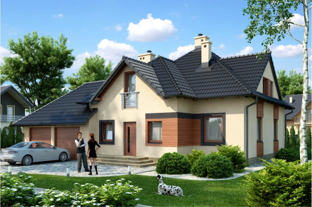 Projekt domu Dębowo tech.  DM-6377 tech., parterowy z poddaszem mieszkalnym, bez podpiwniczenia, z garażem dwustanowiskowym - kolorystyka wersja 3