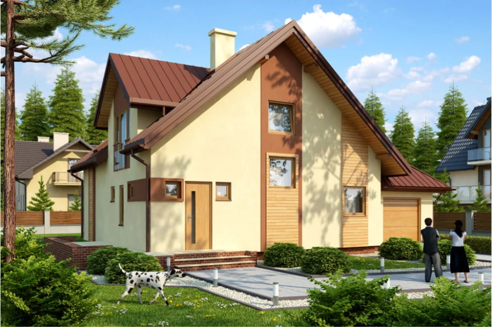 Projekt domu Siczyny tech. DM-6381 tech., parterowy z poddaszem mieszkalnym, bez podpiwniczenia, z garażem - kolorystyka wersja 3