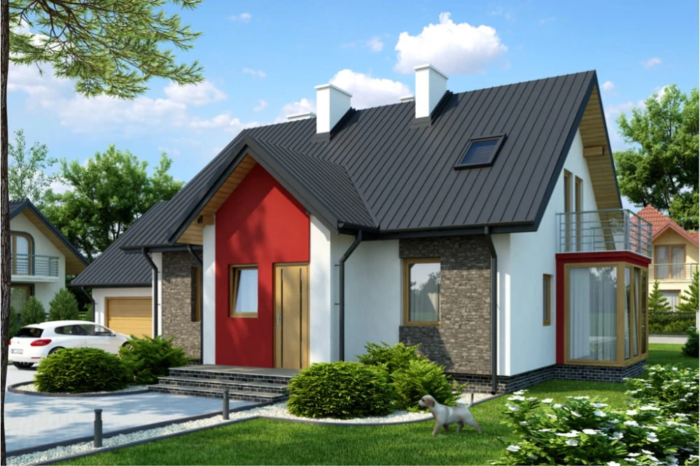 Projekt domu Świerklany tech. DM-6383 tech., parterowy z poddaszem mieszkalnym, częściowo podpiwniczony, z garażem dwustanowiskowym - kolorystyka wersja 1