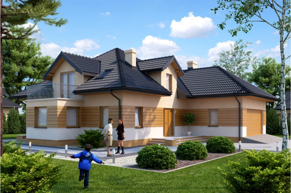Projekt domu Piaski tech. DM-6384 tech., parterowy z garażem dwustanowiskowym, z poddaszem mieszkalnym, bez podpiwniczenia - kolorystyka wersja 1