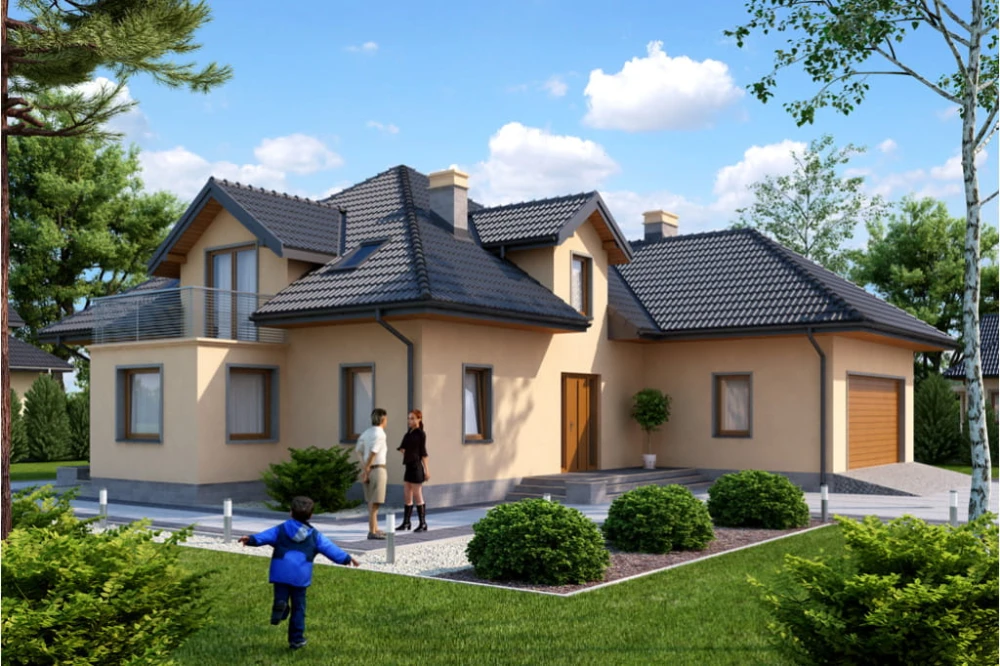 Projekt domu Piaski tech. DM-6384 tech., parterowy z garażem dwustanowiskowym, z poddaszem mieszkalnym, bez podpiwniczenia - kolorystyka wersja 2