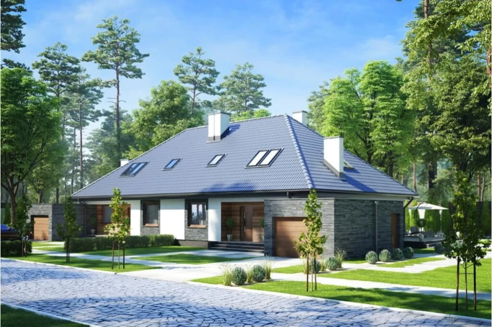 Projekt domu Jastruń tech. DM-6540 tech., parterowy z poddaszem użytkowym, dwurodzinny, w zabudowie bliźniaczej, z garażem, bez podpiwniczenia - kolorystyka wersja 2