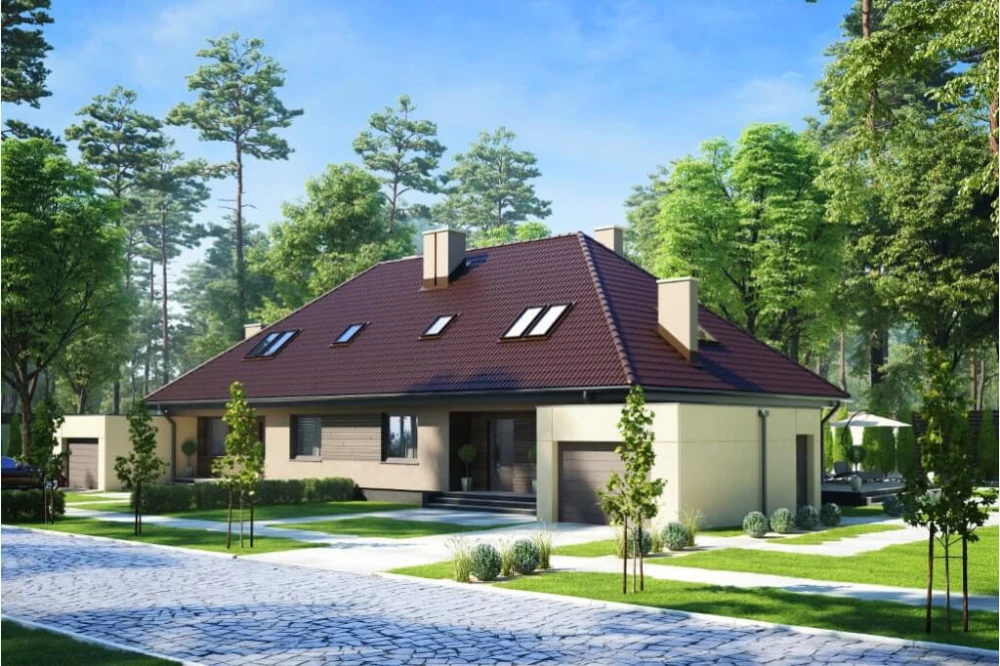 Projekt domu Jastruń tech. DM-6540 tech., parterowy z poddaszem użytkowym, dwurodzinny, w zabudowie bliźniaczej, z garażem, bez podpiwniczenia - kolorystyka wersja 3