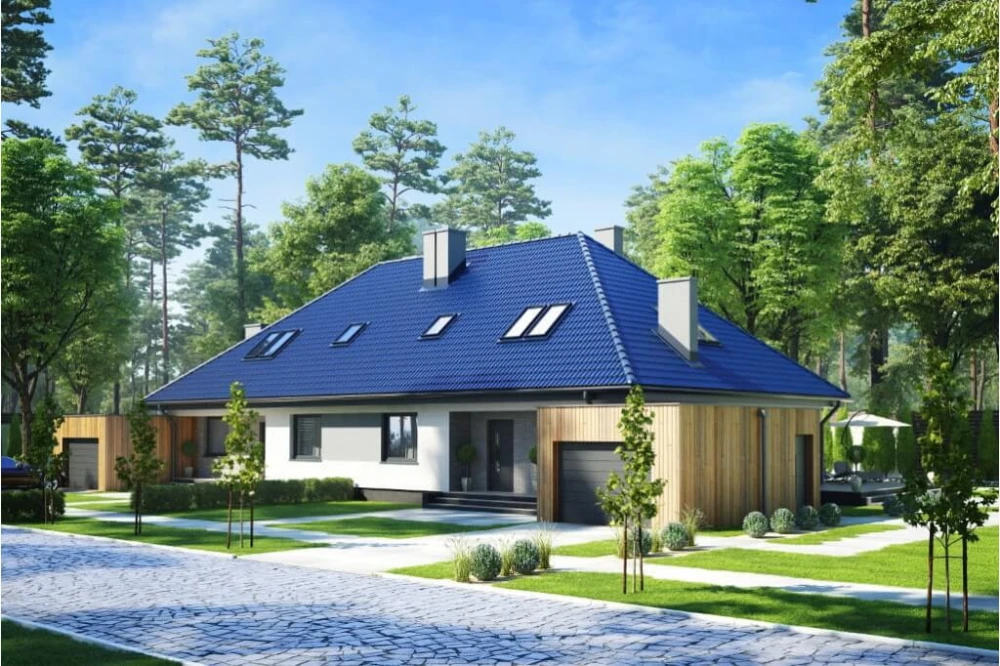 Projekt domu Jastruń tech. DM-6540 tech., parterowy z poddaszem użytkowym, dwurodzinny, w zabudowie bliźniaczej, z garażem, bez podpiwniczenia - kolorystyka wersja 4