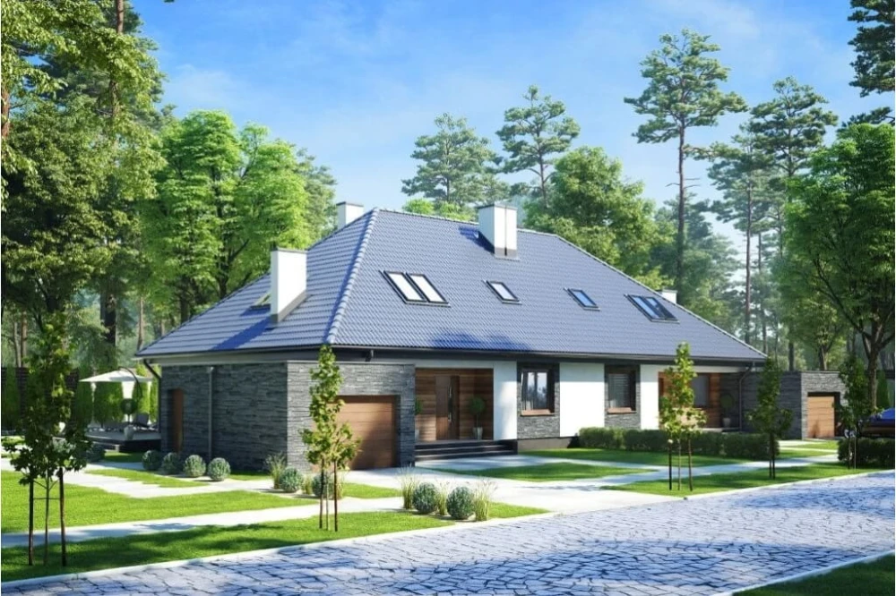 Projekt domu Jastruń 2 tech. L-6540 tech., parterowy z poddaszem użytkowym, dwurodzinny, w zabudowie bliźniaczej, z garażem, bez podpiwniczenia - kolorystyka wersja 2