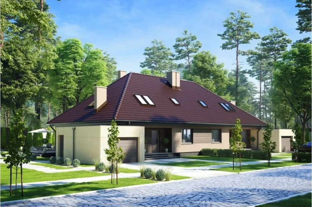 Projekt domu Jastruń 2 tech. L-6540 tech., parterowy z poddaszem użytkowym, dwurodzinny, w zabudowie bliźniaczej, z garażem, bez podpiwniczenia - kolorystyka wersja 3