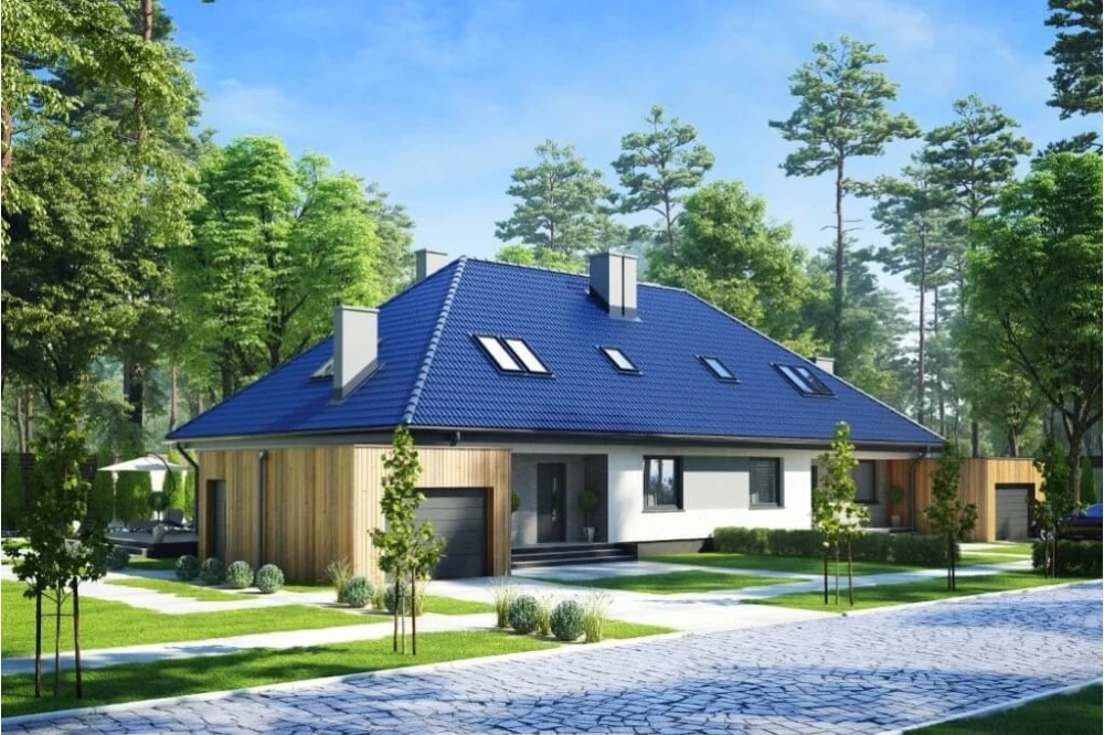 Projekt domu Jastruń 2 tech. L-6540 tech., parterowy z poddaszem użytkowym, dwurodzinny, w zabudowie bliźniaczej, z garażem, bez podpiwniczenia - kolorystyka wersja 4