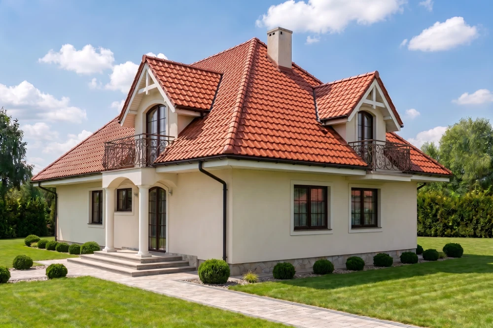 Projekt domu Tymbark tech. DM-6340 tech., parterowy z poddaszem mieszkalnym, częściowo podpiwniczony, z garażem - wizualizacja elewacji lewej