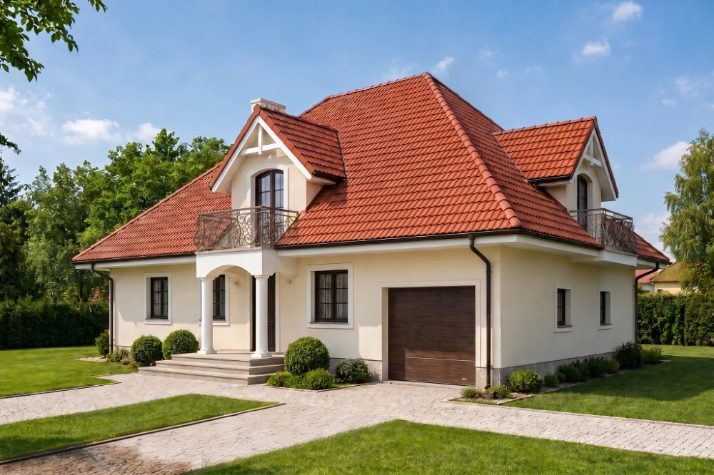 Projekt domu Tymbark tech. DM-6340 tech., parterowy z poddaszem mieszkalnym, częściowo podpiwniczony, z garażem - wizualizacja elewacji prawej