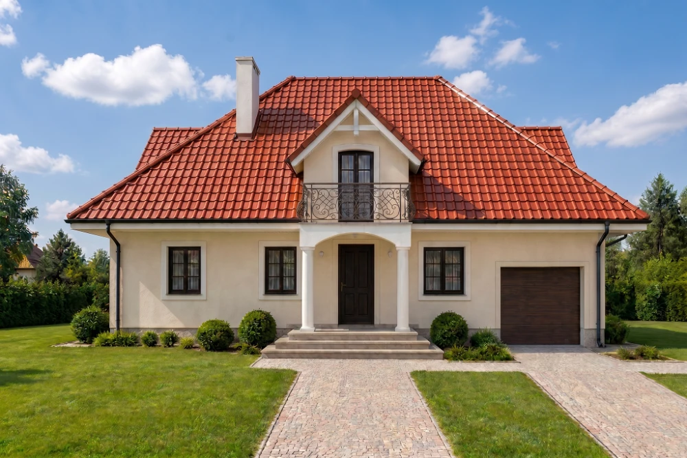 Projekt domu Tymbark tech. DM-6340 tech., parterowy z poddaszem mieszkalnym, częściowo podpiwniczony, z garażem - wizualizacja elewacji frontowej