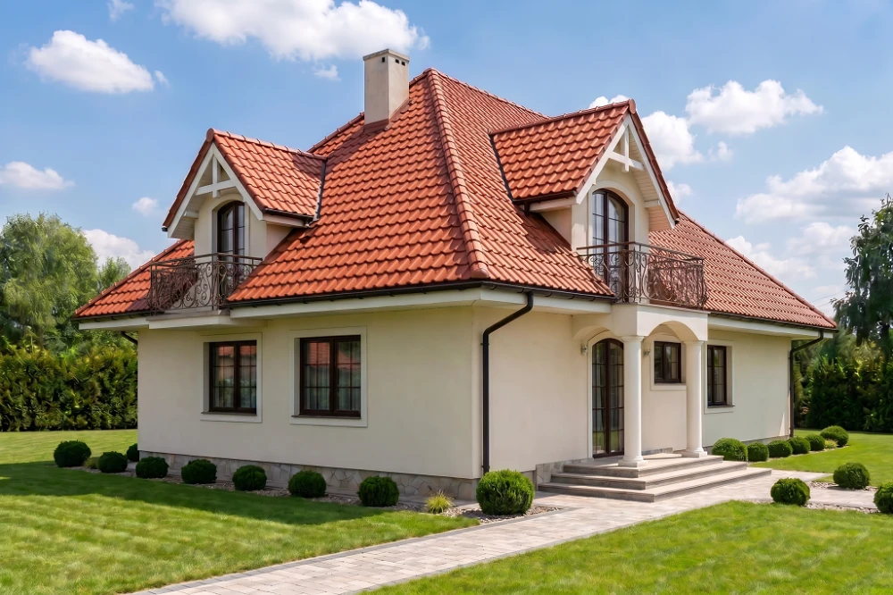 Projekt domu Tymbark 2 L-6340, parterowy z poddaszem mieszkalnym, częściowo podpiwniczony, z garażem - wizualizacja elewacji prawej